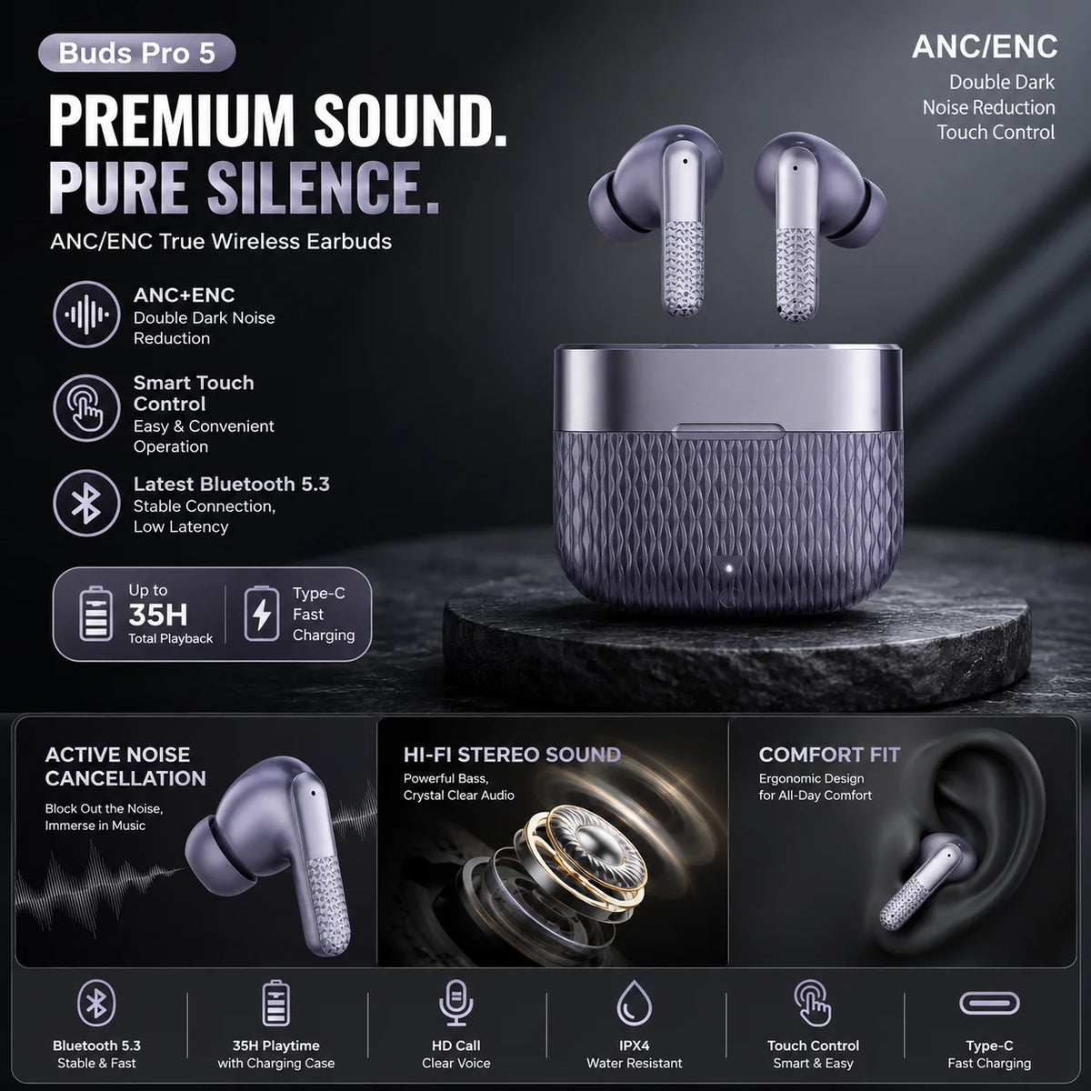 Buds Pro 5 – Premium Wireless Bluetooth Earbuds